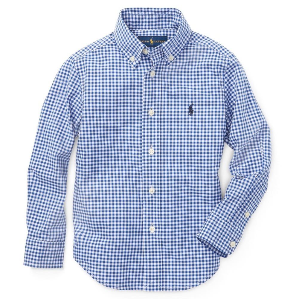 RALPH LAUREN Kids Boys Blue & White Gingham Plaid Button Down Polo Shirt